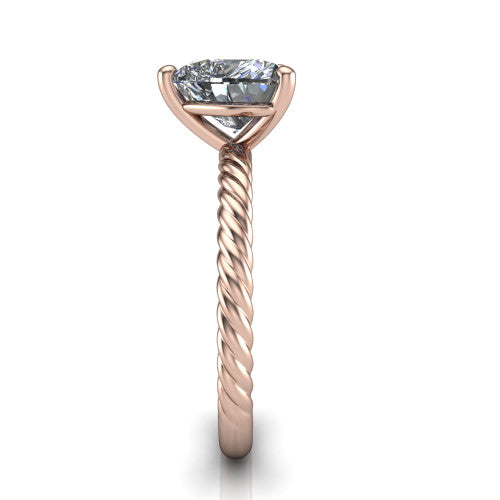 Nova heart rope solitaire engagement ring in 18K Rose Gold, side profile showing the twisted rope band and the open basket beneath the heart center