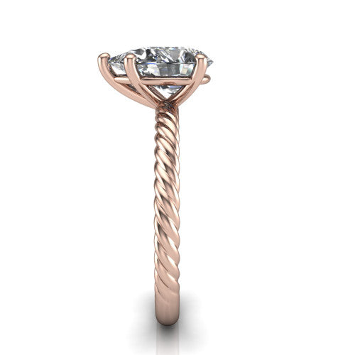 Nova pear rope solitaire engagement ring in 14K Rose Gold, side profile showing the twisted rope band and the open basket beneath the pear center