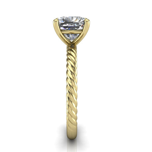 Nova cushion rope solitaire engagement ring in 14K Yellow Gold, side profile showing the twisted rope band and the open basket beneath the cushion center