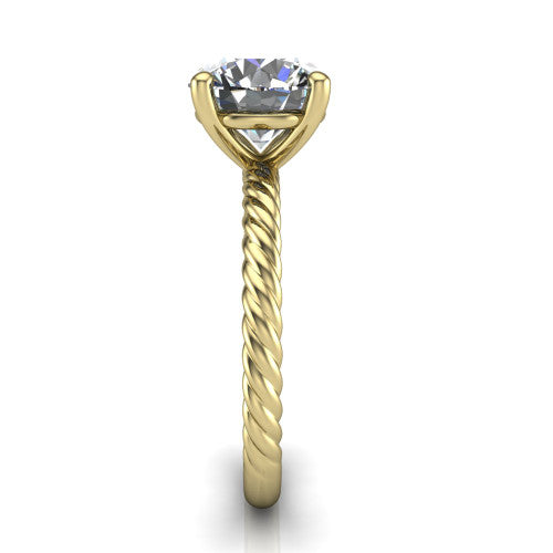 Nova round rope solitaire engagement ring in 14K Yellow Gold, side profile showing the twisted rope band and the open basket beneath the round center