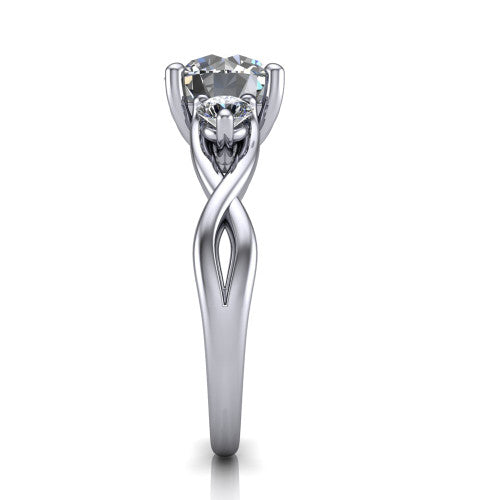 Alina round three stone engagement ring in 18K White Gold, side profile showing the twisted infinity vine band sweeping to the round center