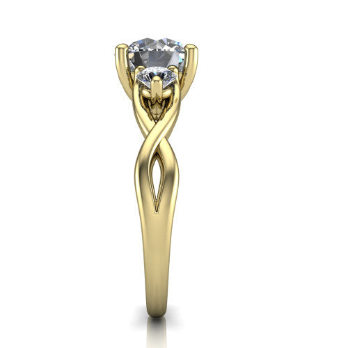 Alina round three stone engagement ring in 14K Yellow Gold, side profile showing the twisted infinity vine band sweeping to the round center