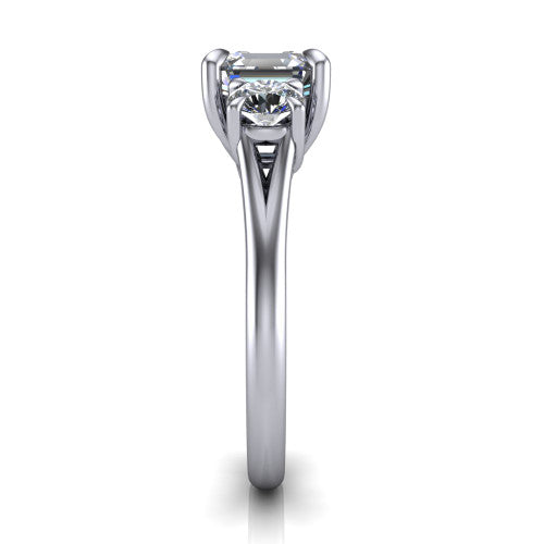 Jasmine asscher three stone engagement ring in 18K White Gold with round side stones, side profile showing the plain band and split under-gallery