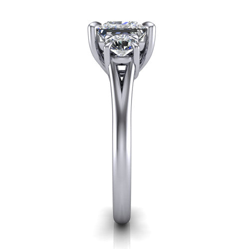 Jasmine princess three stone engagement ring in Platinum with round side stones, side profile showing the plain band and split under-gallery