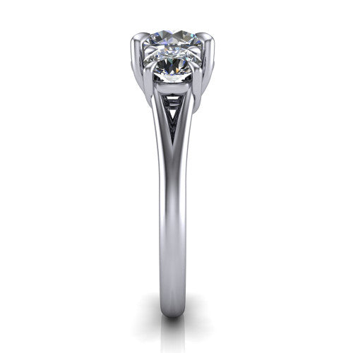 Jasmine round three stone engagement ring in 18K White Gold with round side stones, side profile showing the plain band and split under-gallery
