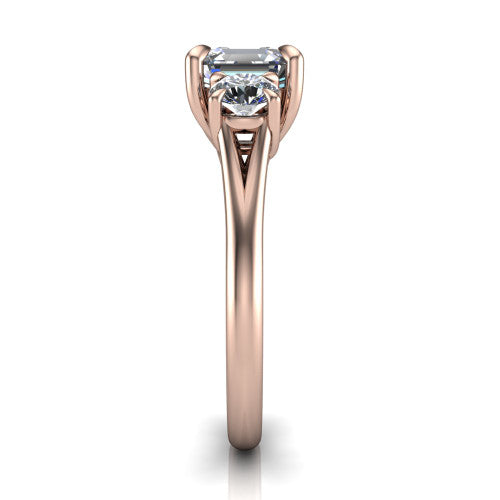 Jasmine asscher three stone engagement ring in 14K Rose Gold with round side stones, side profile showing the plain band and split under-gallery