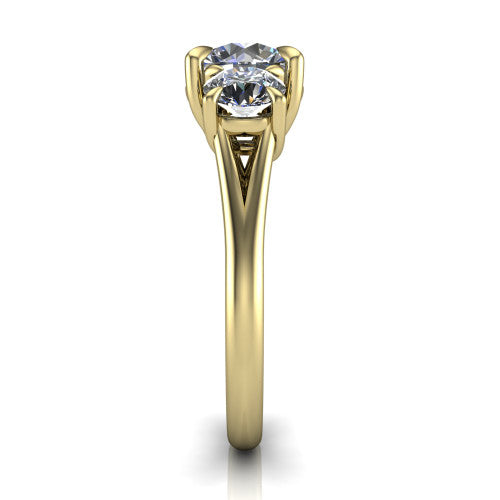 Jasmine round three stone engagement ring in 14K Yellow Gold with round side stones, side profile showing the plain band and split under-gallery