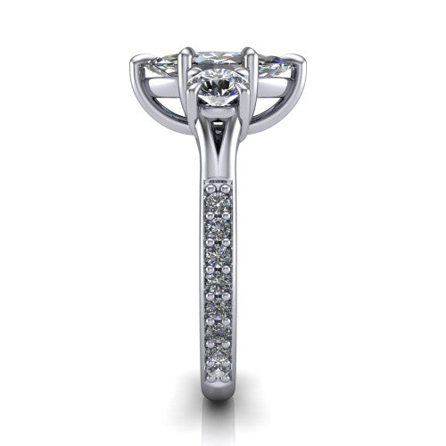Ruth marquise three stone engagement ring in 14K White Gold, side profile showing the pavé band and the three-stone setting in profile