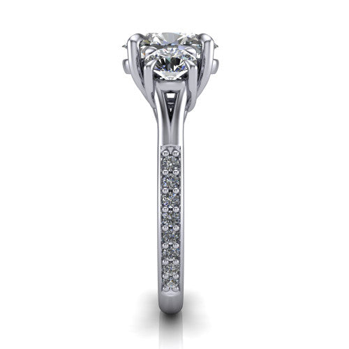 Ruth oval three stone engagement ring in 14K White Gold, side profile showing the pavé band and the three-stone setting in profile