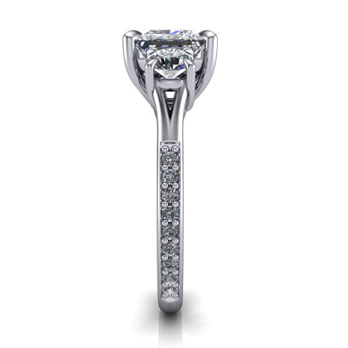 Ruth princess three stone engagement ring in 14K White Gold, side profile showing the pavé band and the three-stone setting in profile