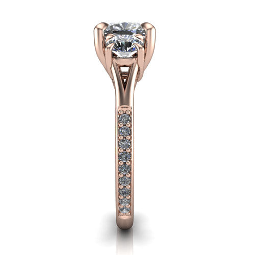 Ruth cushion three stone engagement ring in 18K Rose Gold, side profile showing the pavé band and the three-stone setting in profile
