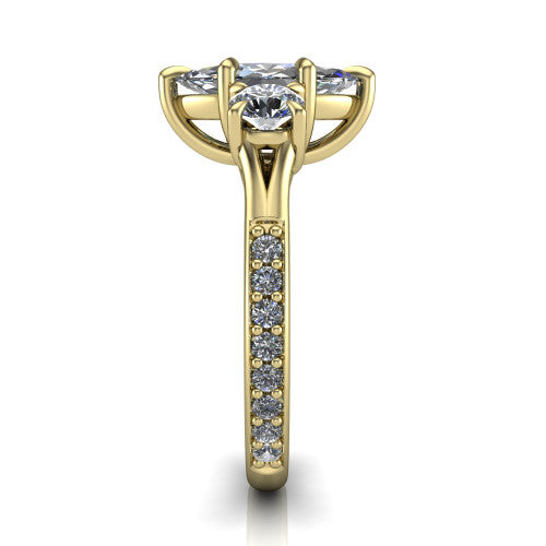 Ruth marquise three stone engagement ring in 18K Yellow Gold, side profile showing the pavé band and the three-stone setting in profile
