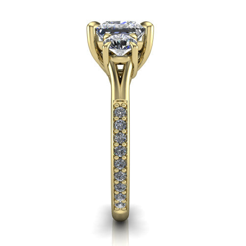 Ruth princess three stone engagement ring in 14K Yellow Gold, side profile showing the pavé band and the three-stone setting in profile