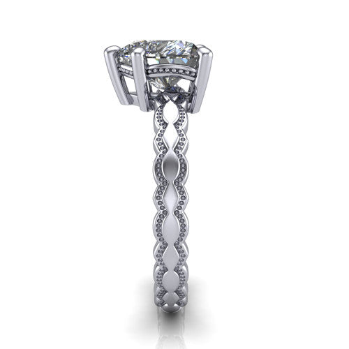 Flora heart solitaire engagement ring in 14K White Gold, side profile showing the scalloped milgrain band and the open basket beneath the heart center