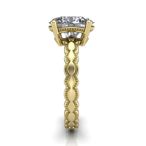 Flora oval solitaire engagement ring in 14K Yellow Gold, side profile showing the scalloped milgrain band and the open basket beneath the oval center