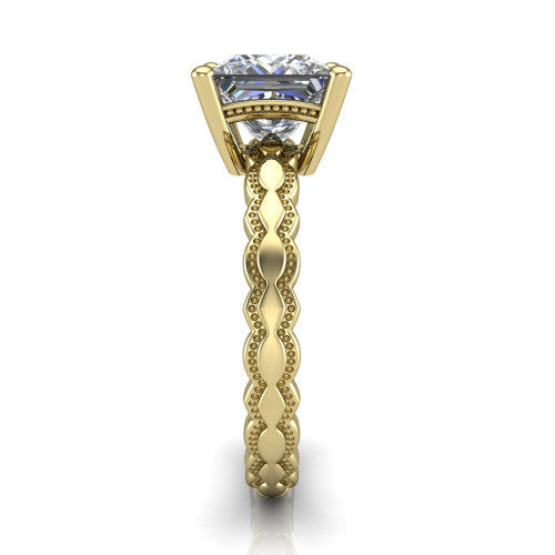 Flora princess solitaire engagement ring in 14K Yellow Gold, side profile showing the scalloped milgrain band and the open basket beneath the princess center