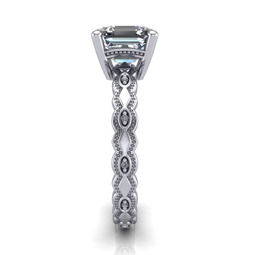 Ivy asscher solitaire engagement ring in Platinum, side profile showing the milgrain marquise shapes and bezel-set round accents around the shank