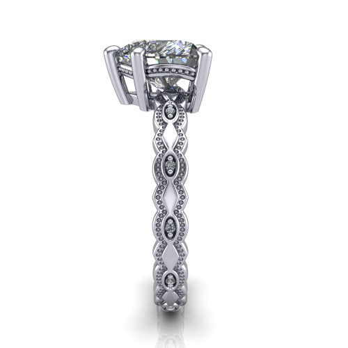 Ivy heart solitaire engagement ring in 14K White Gold, side profile showing the milgrain marquise shapes and bezel-set round accents around the shank