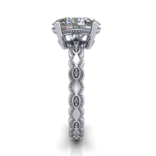 Ivy oval solitaire engagement ring in 18K White Gold, side profile showing the milgrain marquise shapes and bezel-set round accents around the shank