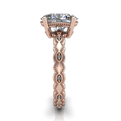 Ivy oval solitaire engagement ring in 18K Rose Gold, side profile showing the milgrain marquise shapes and bezel-set round accents around the shank