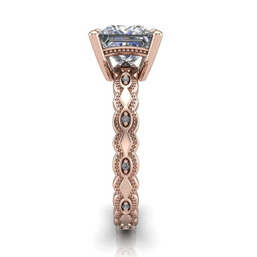 Ivy princess solitaire engagement ring in 14K Rose Gold, side profile showing the milgrain marquise shapes and bezel-set round accents around the shank