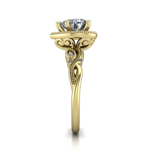 Eliana heart halo engagement ring in 18K Yellow Gold, side profile showing the open filigree scrollwork along the shoulders of the band