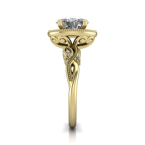 Eliana oval halo engagement ring in 14K Yellow Gold, side profile showing the open filigree scrollwork along the shoulders of the band