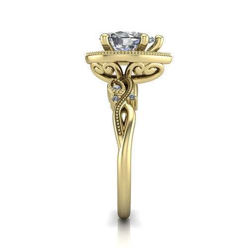Eliana pear halo engagement ring in 14K Yellow Gold, side profile showing the open filigree scrollwork along the shoulders of the band