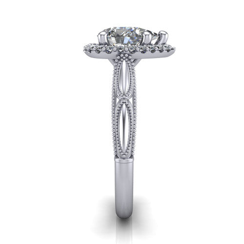 Caroline pear vintage halo engagement ring in 18K White Gold, side profile showing the openwork milgrain split shank and the squared halo in profile