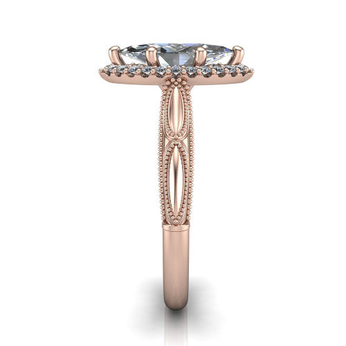 Caroline marquise vintage halo engagement ring in 18K Rose Gold, side profile showing the openwork milgrain split shank and the squared halo in profile