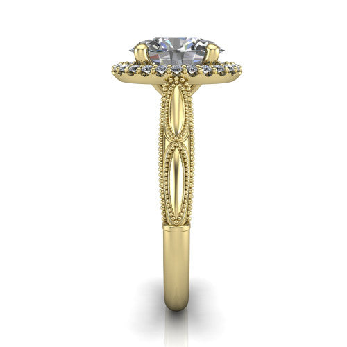 Caroline oval vintage halo engagement ring in 14K Yellow Gold, side profile showing the openwork milgrain split shank and the squared halo in profile