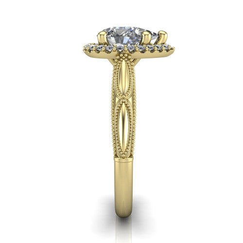 Caroline pear vintage halo engagement ring in 18K Yellow Gold, side profile showing the openwork milgrain split shank and the squared halo in profile