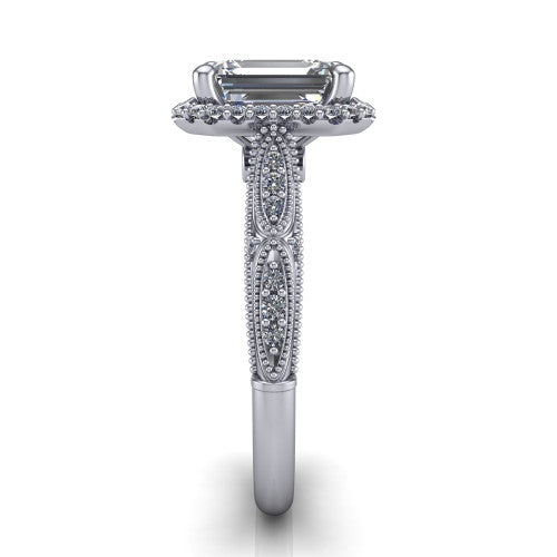 Jenna emerald vintage halo engagement ring in 14K White Gold, side profile showing the pavé milgrain band, bezel side accent, and squared halo in profile