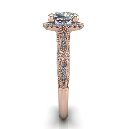 Jenna cushion vintage halo engagement ring in 14K Rose Gold, side profile showing the pavé milgrain band, bezel side accent, and squared halo in profile