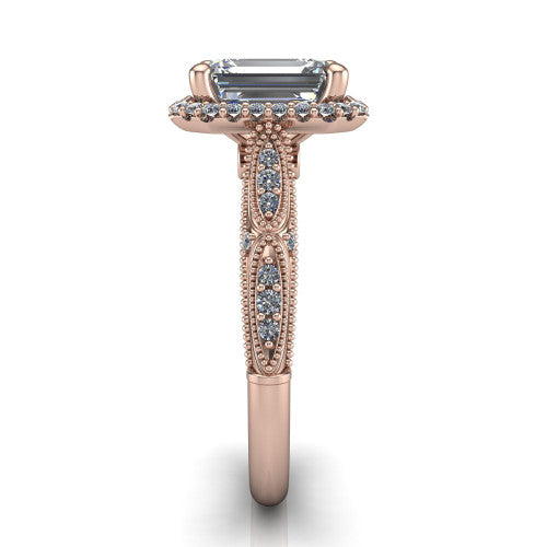 Jenna emerald vintage halo engagement ring in 18K Rose Gold, side profile showing the pavé milgrain band, bezel side accent, and squared halo in profile