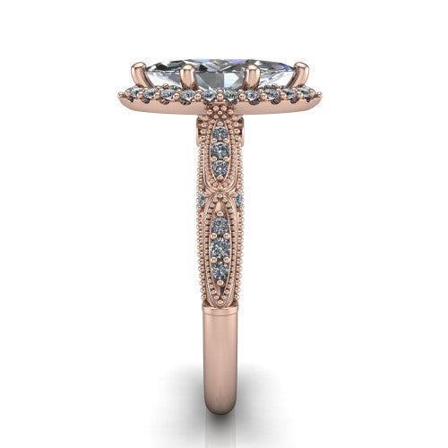 Jenna marquise vintage halo engagement ring in 18K Rose Gold, side profile showing the pavé milgrain band, bezel side accent, and squared halo in profile