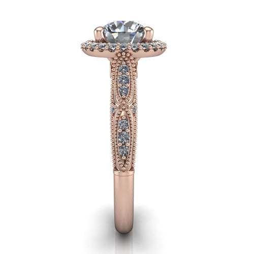 Jenna round vintage halo engagement ring in 14K Rose Gold, side profile showing the pavé milgrain band, bezel side accent, and squared halo in profile