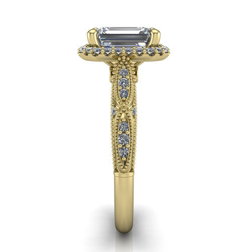 Jenna emerald vintage halo engagement ring in 18K Yellow Gold, side profile showing the pavé milgrain band, bezel side accent, and squared halo in profile