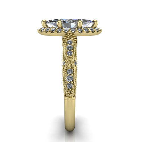 Jenna marquise vintage halo engagement ring in 18K Yellow Gold, side profile showing the pavé milgrain band, bezel side accent, and squared halo in profile