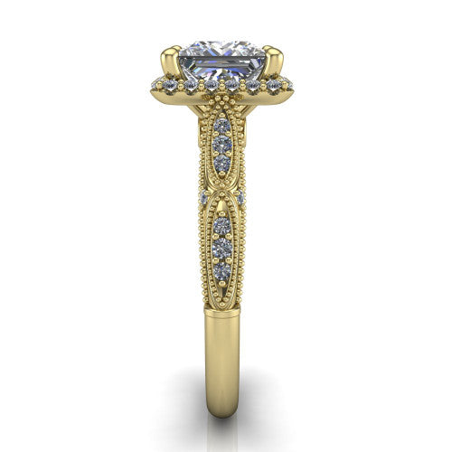 Jenna princess vintage halo engagement ring in 18K Yellow Gold, side profile showing the pavé milgrain band, bezel side accent, and squared halo in profile