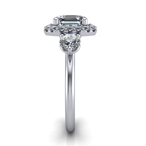 Carol square emerald three stone halo engagement ring in 14K White Gold, side profile showing the plain polished band and the three-stone halo head in profile