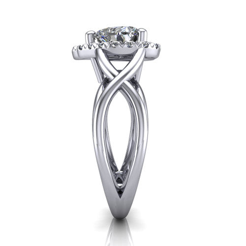 Coco heart halo engagement ring in Platinum, side profile showing the woven infinity split shank and the squared halo in profile
