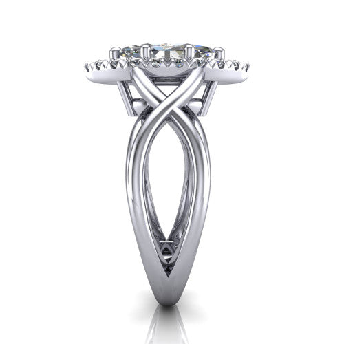 Coco marquise halo engagement ring in Platinum, side profile showing the woven infinity split shank and the squared halo in profile