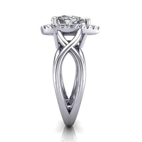 Coco pear halo engagement ring in 18K White Gold, side profile showing the woven infinity split shank and the squared halo in profile