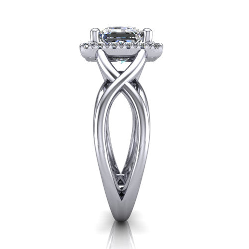 Coco princess halo engagement ring in Platinum, side profile showing the woven infinity split shank and the squared halo in profile