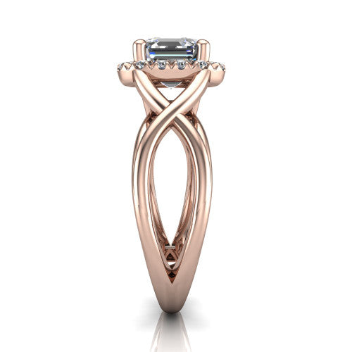 Coco square emerald halo engagement ring in 18K Rose Gold, side profile showing the woven infinity split shank and the squared halo in profile