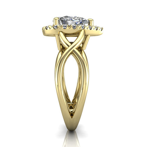 Coco pear halo engagement ring in 18K Yellow Gold, side profile showing the woven infinity split shank and the squared halo in profile