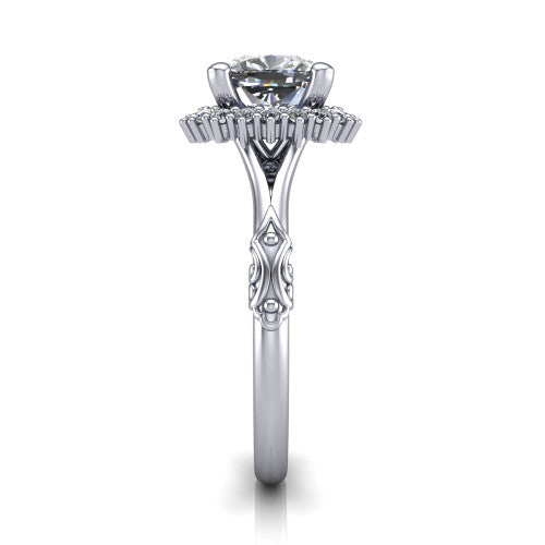 Lillian cushion vintage halo engagement ring in Platinum, side profile showing the engraved filigree shoulders, plain band, and squared halo in profile