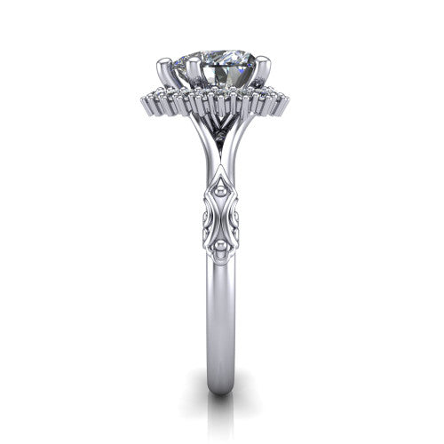 Lillian heart vintage halo engagement ring in Platinum, side profile showing the engraved filigree shoulders, plain band, and squared halo in profile