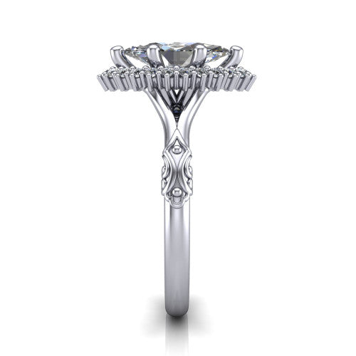 Lillian marquise vintage halo engagement ring in 18K White Gold, side profile showing the engraved filigree shoulders, plain band, and squared halo in profile